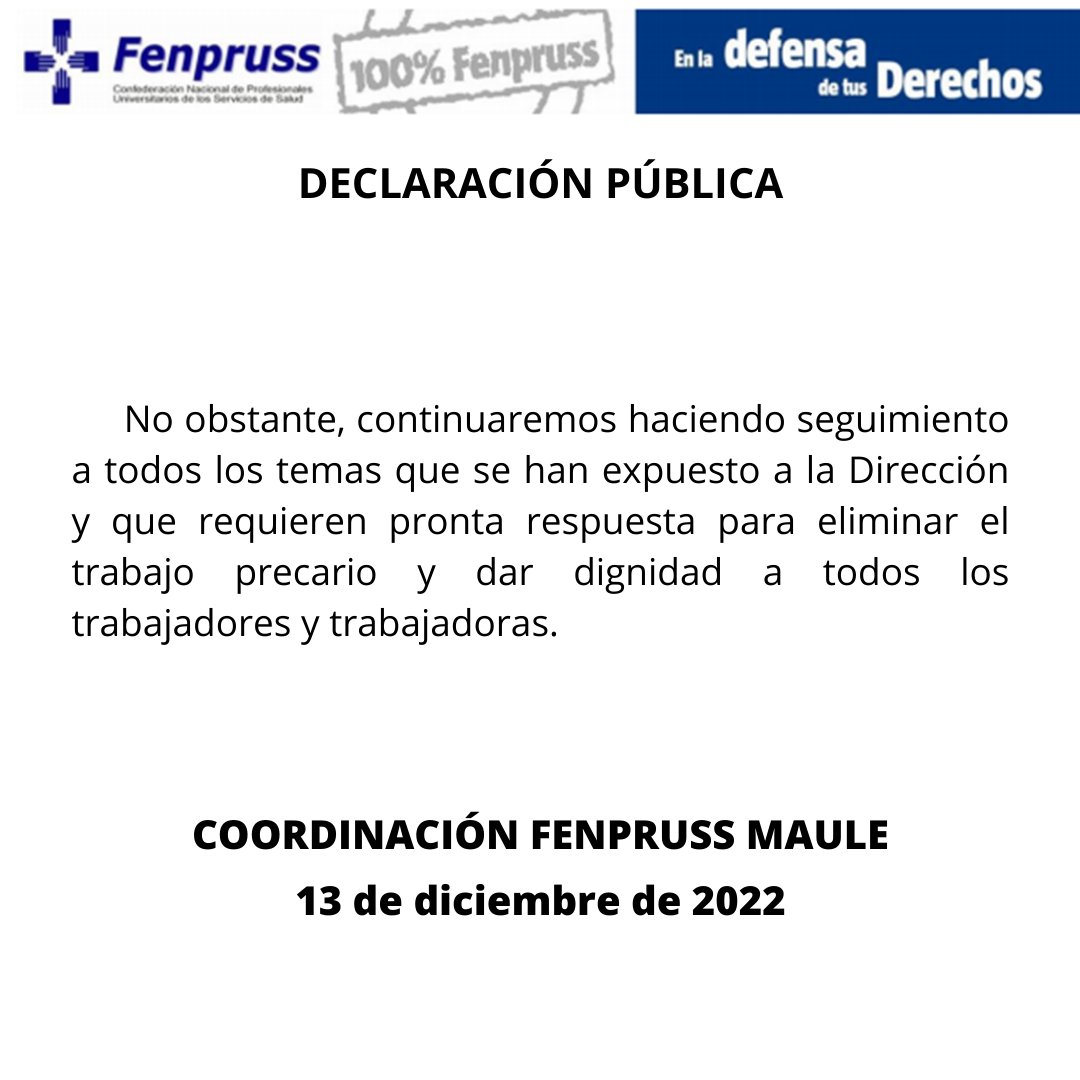 fenpruss_maule's tweet photo. Declaración Pública
FENPRUSS MAULE
13 diciembre 2022
#FenprussTeDefiende
#fenprussMaule #Maule #regiondelmaule #Ssmaule #serviciodesaluddelmaule
@SSMaule
#curepto
#teno #hualane
#talca #curico @fenprusslicanten #linares
#cauquenes #molina #Constitución #chanco #parral #sanjavier https://t.co/3kUkZP0aNz