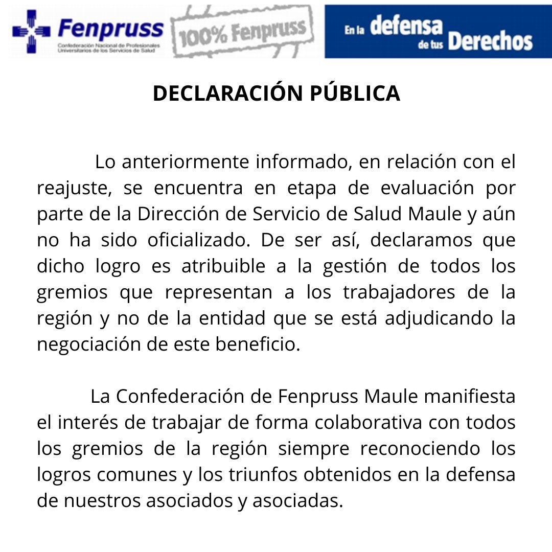 fenpruss_maule's tweet photo. Declaración Pública
FENPRUSS MAULE
13 diciembre 2022
#FenprussTeDefiende
#fenprussMaule #Maule #regiondelmaule #Ssmaule #serviciodesaluddelmaule
@SSMaule
#curepto
#teno #hualane
#talca #curico @fenprusslicanten #linares
#cauquenes #molina #Constitución #chanco #parral #sanjavier https://t.co/3kUkZP0aNz
