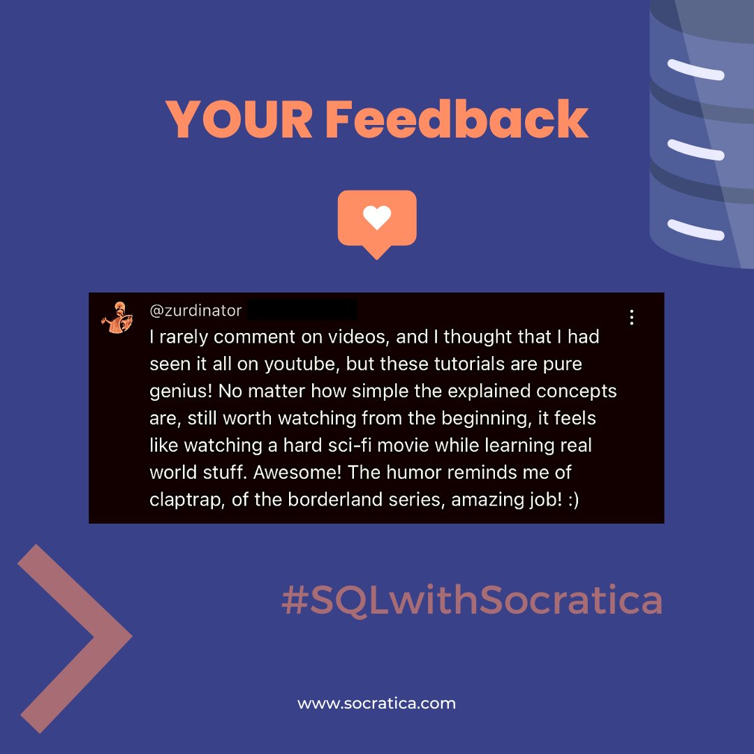 socratica's tweet image. 🤓Grateful for your ongoing support and feedback!
▶️Learn SQL with Socratica: socratica.com/subject/sql
#sql #SQLvideos #SQLcourse #learnSQL #SQLtutorial #SQLwithSocratica