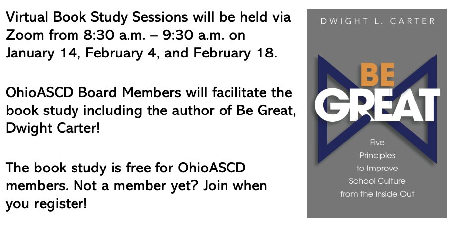 OhioASCD's tweet photo. BE GREAT with OhioASCD’s Virtual Book Study!
Join fellow Ohio Educators as we dive into Dwight Carter's actionable framework to improve school culture .
Virtual Book Study Registration Link: https://t.co/VbvG5sJBRa

Visit https://t.co/98X1yxZSBx to purchase your book today! https://t.co/HGl9u9BkQD