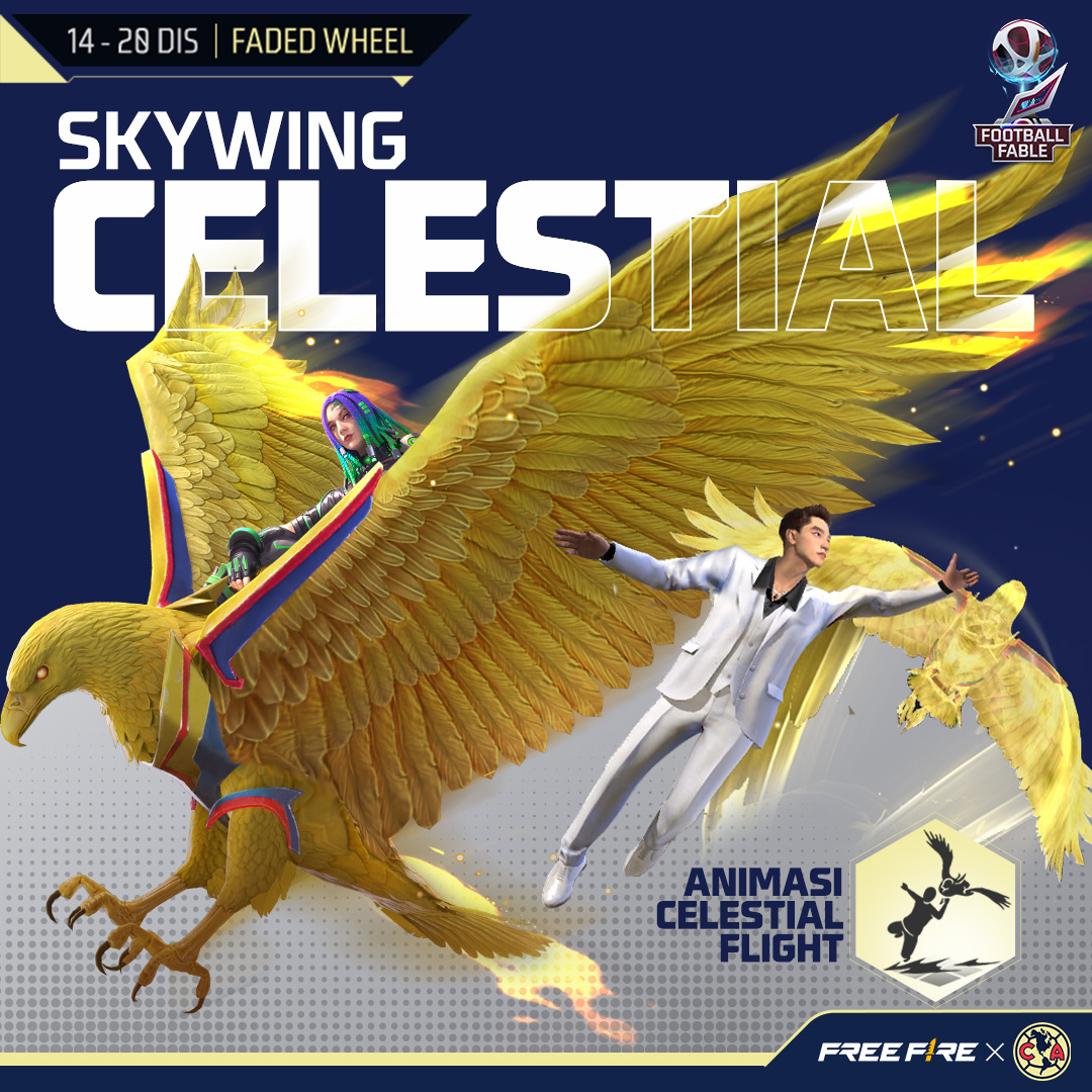 FFMYOfficial's tweet photo. Terbang tinggi di langit dengan item celestial serba baru!✨ 

Naiki skywing dan tunjukkannya bersama animasi pertarungan yang kini tersedia di Faded Wheel.🌠

Spin sekarang!💎

#FreeFire #FootballFable https://t.co/B49htOw7TD