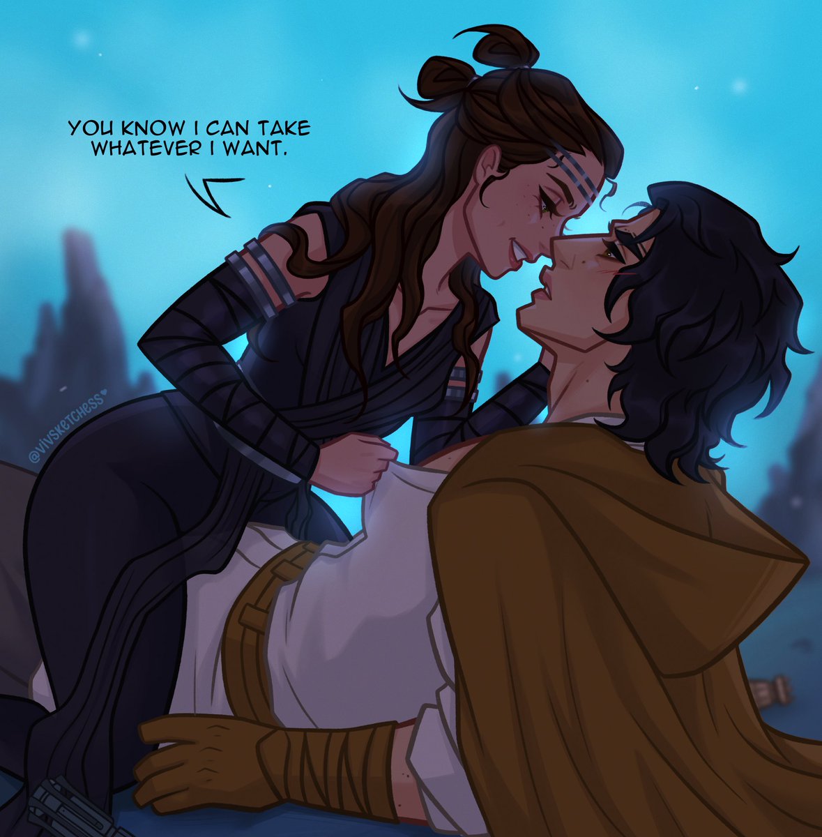 Vivsketchess's tweet photo. ✨JediBen&amp;DarkRey✨
Their back! I missed drawing this AU so much😩 (Ben’s reaction on the bottom!)😂
.
P.s. You don’t gotta tell him twice!💋 #reylo #rey #bensolo #myart https://t.co/FhoM9p4gZA