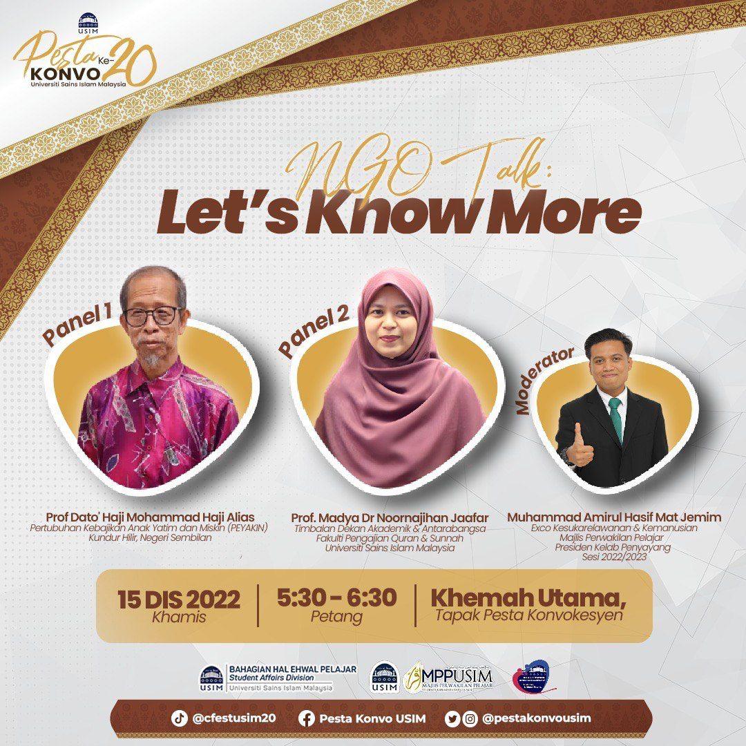 [NGO TALK : LET'S KNOW MORE!]

Panel Jemputan:

 🎤Panel 1:
Prof Dato' Haji Mohammad Haji Alias

🎤Panel 2:
Prof Madya Dr Noornajihan Jaafar

📌 TERBUKA KEPADA SEMUA PELAJAR
🆓 PENYERTAAN ADALAH PERCUMA