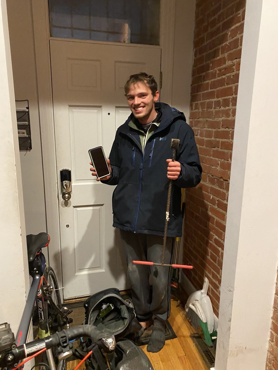 kelly_bossross's tweet photo. My housemate had his phone eject from his bike mount and it went down a storm drain…my bf just happened to have a man hole cover remover after finding it in our front yard…so here’s the face of a very happy phone owner after a daring rescue https://t.co/EmYQPeHzs1