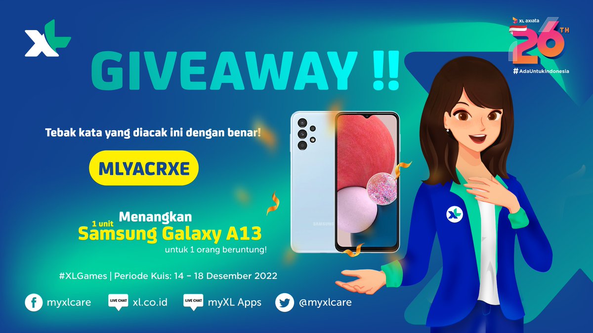 💙 G I V E A W A Y 💙 Dapetin Giveaway dari Maya berupa 1 unit Samsung Galaxy A13 buat kamu yang lagi beruntung! 🤩 👉 Mau? Ikuti caranya ya: ➡️ Follow akun Twitter @myXLCare ➡️ RT & Like tweet ini ➡️ Jawab pertanyaan sebanyak mungkin dengan benar ➡️ Gunakan hashtag #XLGames