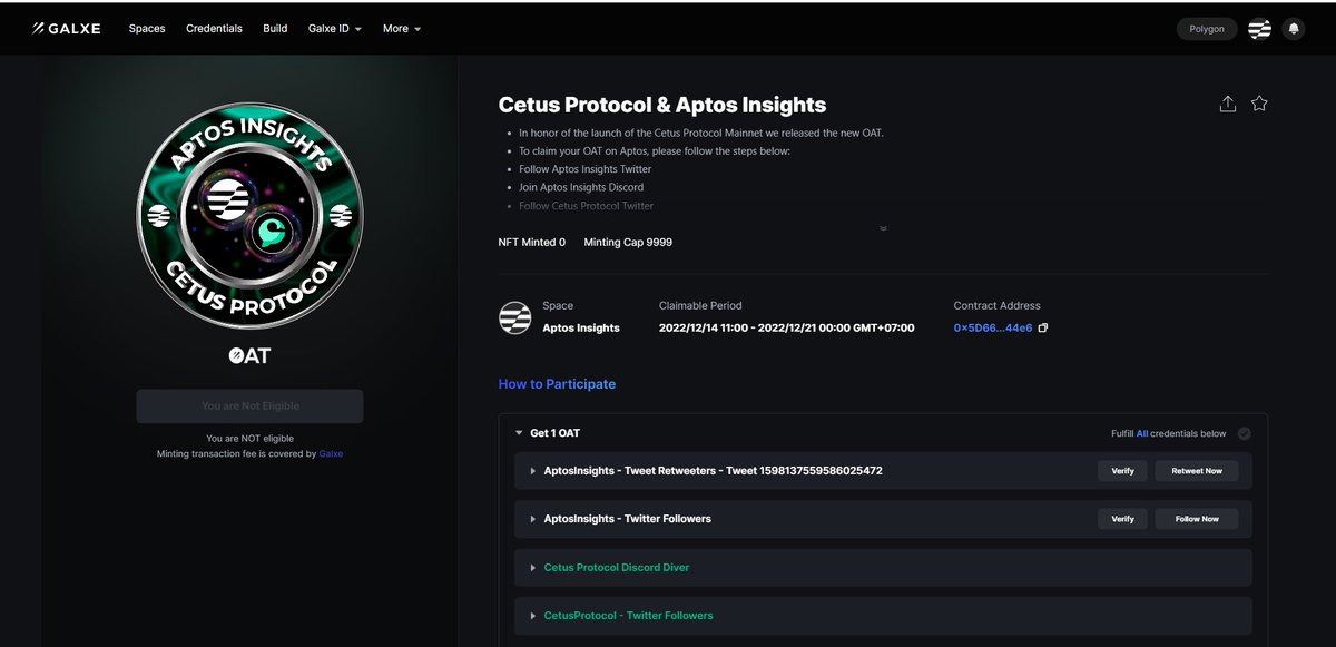 ☀️Cetus Protocol &amp; Aptos Insights

🌊In honor of the launch of the <a href="/CetusProtocol/">Cetus🐳</a> Mainnet we released the new OAT.

Doing 👇

1️⃣Go to: galxe.com/AptosInsights/…
2️⃣Perform social tasks
3️⃣Claim

💯Like &amp; Retweet to support us!
