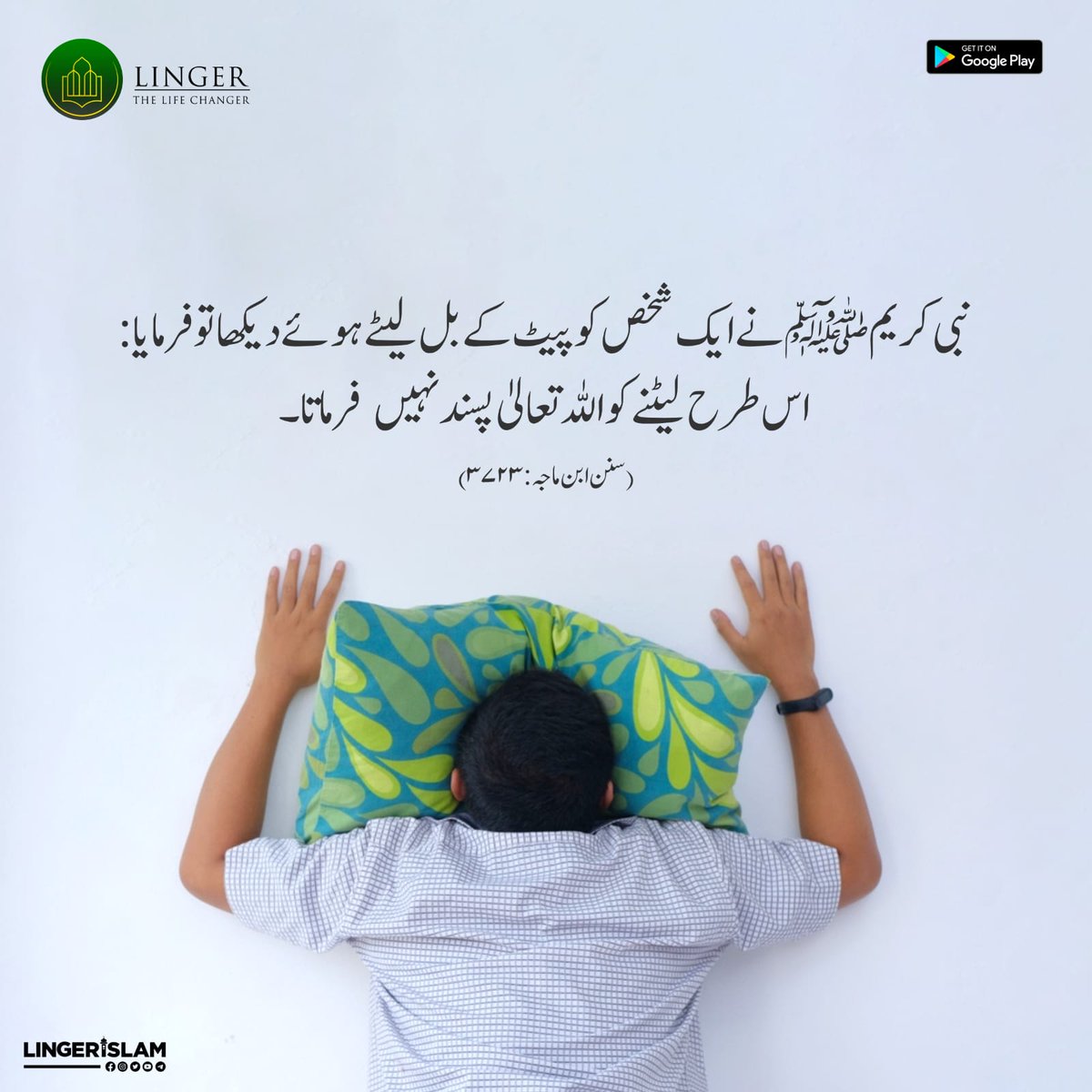 MillatCo's tweet image. नबी करीम ﷺ ने एक शख्स को पेट के बल लेटे हुए देखा तो फ़रमाया: इस तरह लेटने को अल्लाह तआला पसन्द नहीं फ़रमाता।

(इब्न-ए- माजा : 3723)

#Linger #LingerIslam 
#MuslimApp