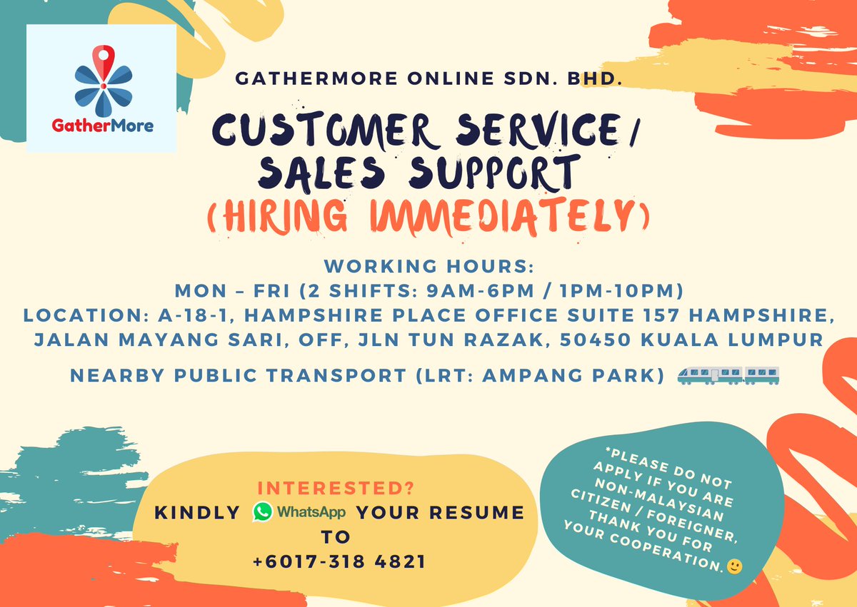gathermorejh's tweet image. Hiring Immediately!
Area: KL (nearby ampang park lrt)
Working Hours: Mon – Fri (2 shifts: 9am-6pm / 1pm-10pm)
Salary: RM2.5k - RM3.5k
@kerja_kosongMY @JobVacanciesMY @KerjaOh @twt_penganggur @jobseekers91 @kerjalahh 
Pls help to retweet can ah? 😝
