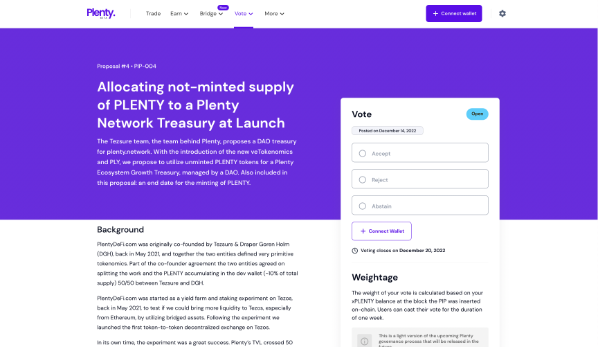 plenty_network's tweet photo. PIP-004 is live on https://t.co/2j04xGc94C 🗳️
 
@Tezsure, the team behind @plenty_network, proposes to use unminted PLENTY for a DAO treasury.
 
A DAO treasury has the potential to become a major driving force for the growth and development of the #Tezos #DeFi ecosystem. https://t.co/6QJDjeqDzX
