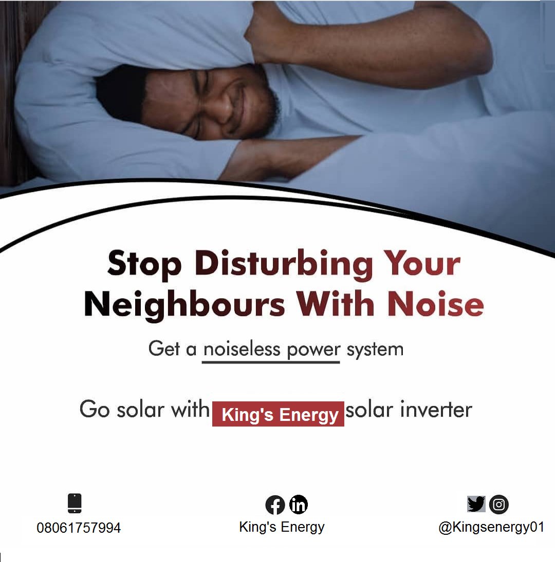 kingsenergy01's tweet photo. Stop disturbing your neighbors with the sounds from your generator, it is frustrating. Go solar today with King's Energy. No air pollution, no noise pollution whatsoever. Send us a DM now!

#solarenergy #kingsenergy #solarpv #solarsystemdesign #solarsysteminstallation #solarpv https://t.co/poiXBi8hen