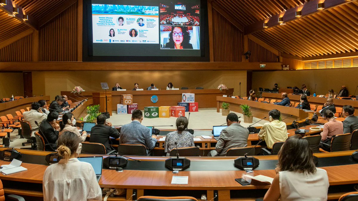 UNESCAP's tweet photo. Yesterday's high-level panel discussion on effective policymaking to promote #businessinnovation for the #SDGs provided insights on what more governments can do to incentivize businesses to put purpose alongside profit. 

Join us today for day 2: https://t.co/bZmE07yeuh https://t.co/dr9l3D69Vk