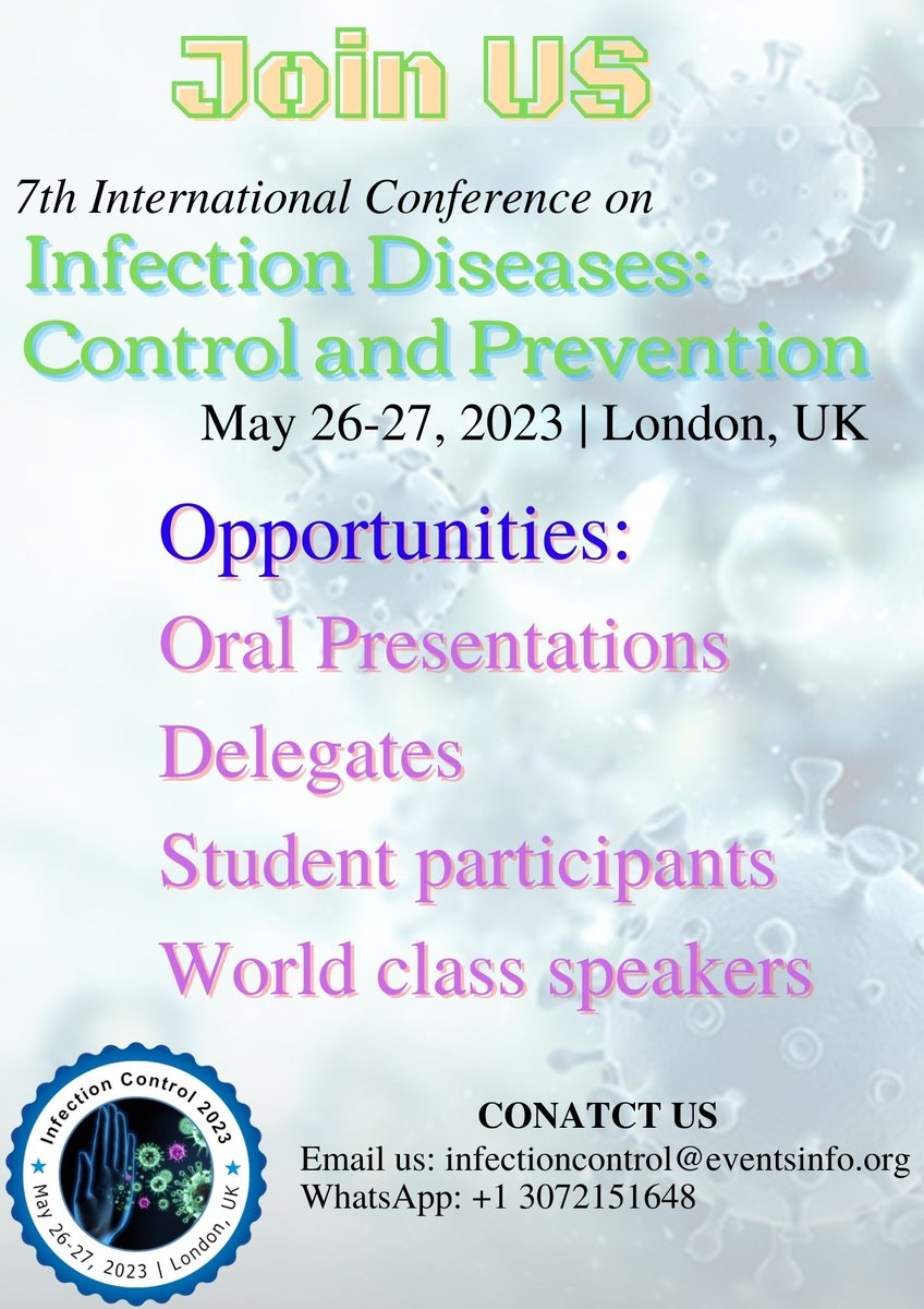 AlanSmi36831507's tweet image. We are inviting all participants for #Infection_Control_2023_Conference during May 26-27, 2023 at London, UK

For more details: infectioncontrol.conferenceseries.com
#infectioncontrol2023 #infectiousdieasesconference
