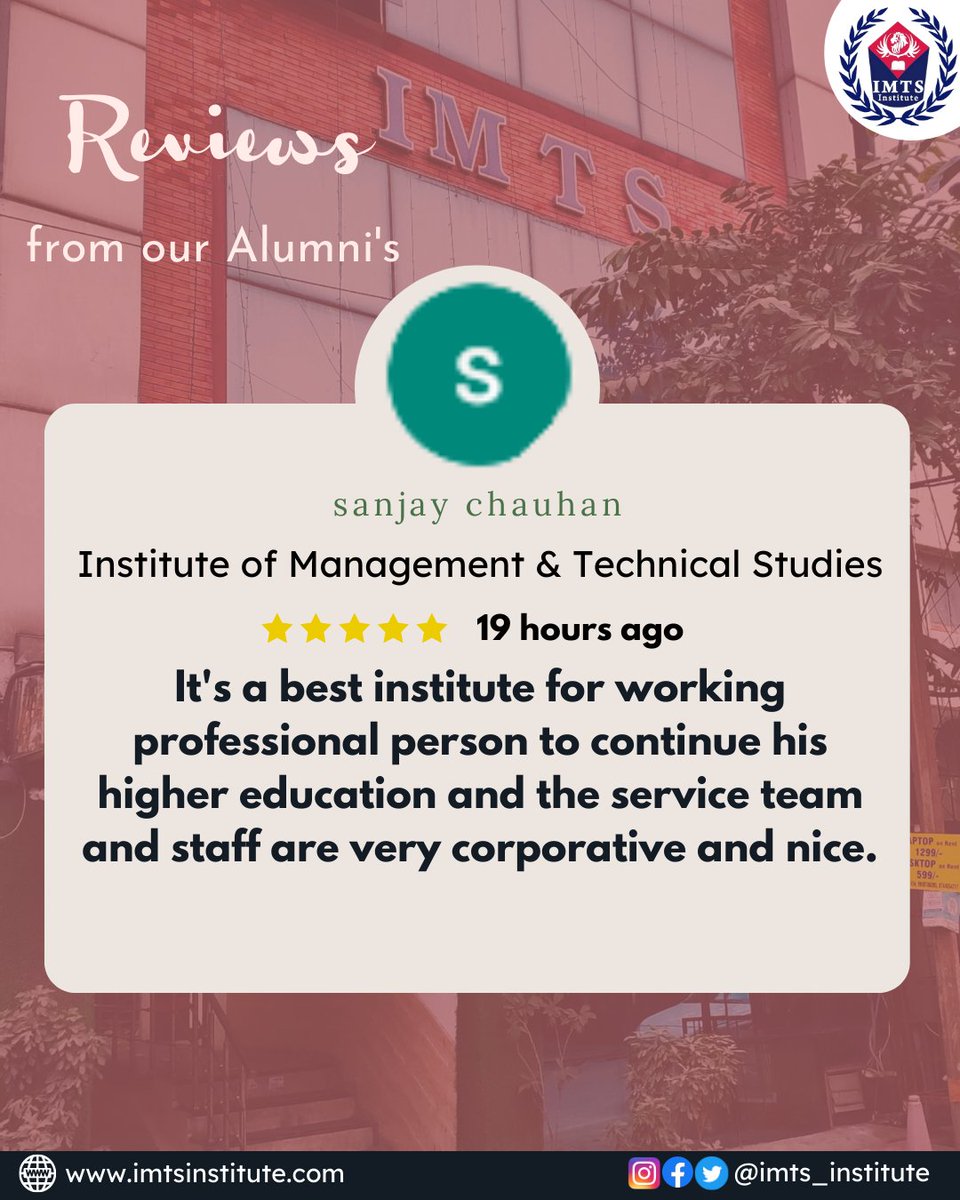 IMTSINSTITUTE's tweet photo. Review from our one of Alumni on Google. Follow us for more - @IMTSINSTITUTE
#testimonials #reviews #IMTSreviews #IMTSINSTITUTE #instareview #productreviewer #productreview #productreviews #reviewers #reviewer #review https://t.co/jJTitCldwp