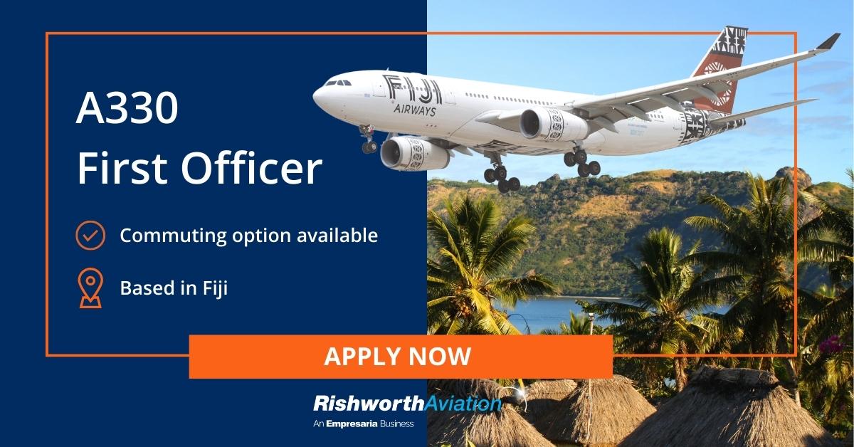 RishworthAV's tweet photo. We are inviting experienced A330 First Officers for a role based in sunny Fiji. 8 consecutive days off, plus 2 travel days per month, on Fiji Airways network. APPLY NOW >> https://t.co/IllloJfrQX 

#aviationjobs #firstofficer #firstofficerjobs #opportunity#fijiairways https://t.co/YegoSr0SSA