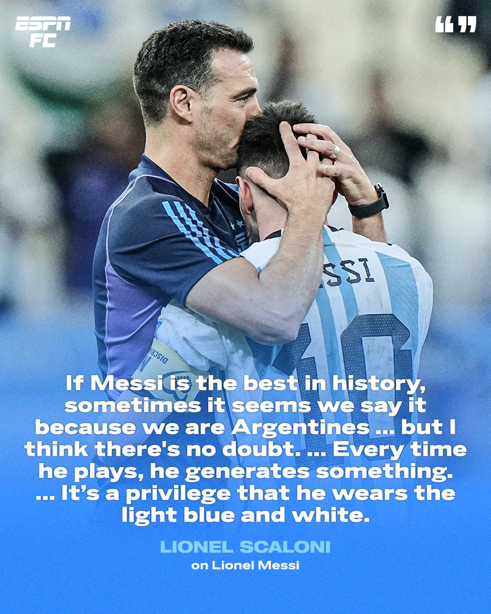 ESPNFC's tweet photo. Argentina coach Lionel Scaloni says that Lionel Messi is with 'no doubt' the greatest of all-time 🐐 https://t.co/16JyEX72U2
