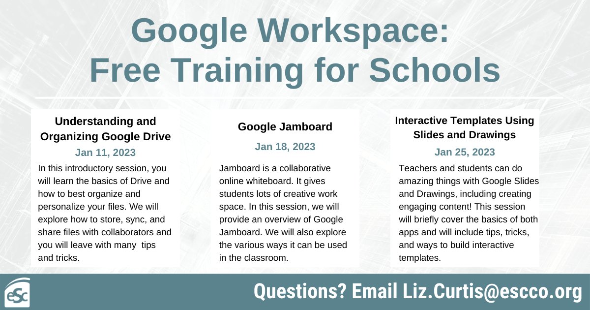 Are you looking to enhance your digital skills with Google Workspace? 🤔 💻 Join these FREE virtual trainings for any staff member in a school setting. There will be 3 sessions over Google Drive, Google Jamboard, and Google Slides &amp; Drawings. Register at bit.ly/3HuiOnm