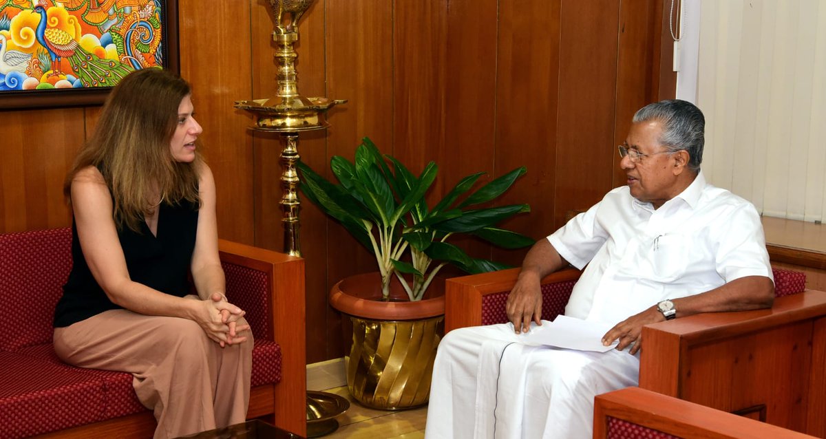 pinarayivijayan's tweet photo. Had an enriching discussion with Consul General of Israel to South India @tammybenhaim. Recalled the age old ties between Israel and Kerala. She has assured to look into the possibilities of collaboration with Kerala in agriculture and tourism.

@IsraelinIndia https://t.co/x7iwiB9o2l
