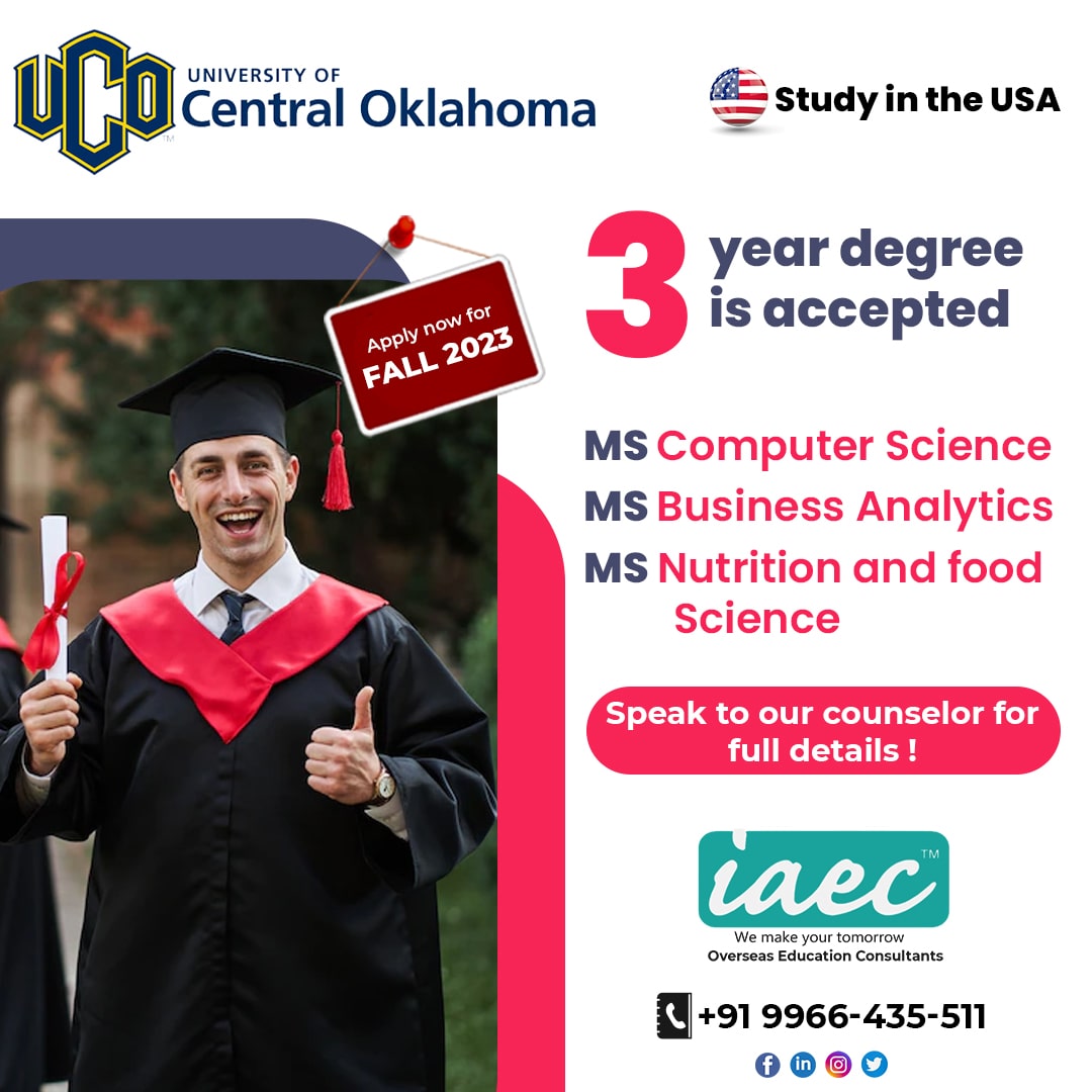 iaec_india's tweet image. University of Central Oklahoma is accepting 3 year degree for some master's programs. So apply today!
#oklahomauniversty #studyinusa #MScomputerscience #Businessanlaytics #foodandscience #scholarships #abroadeducation
