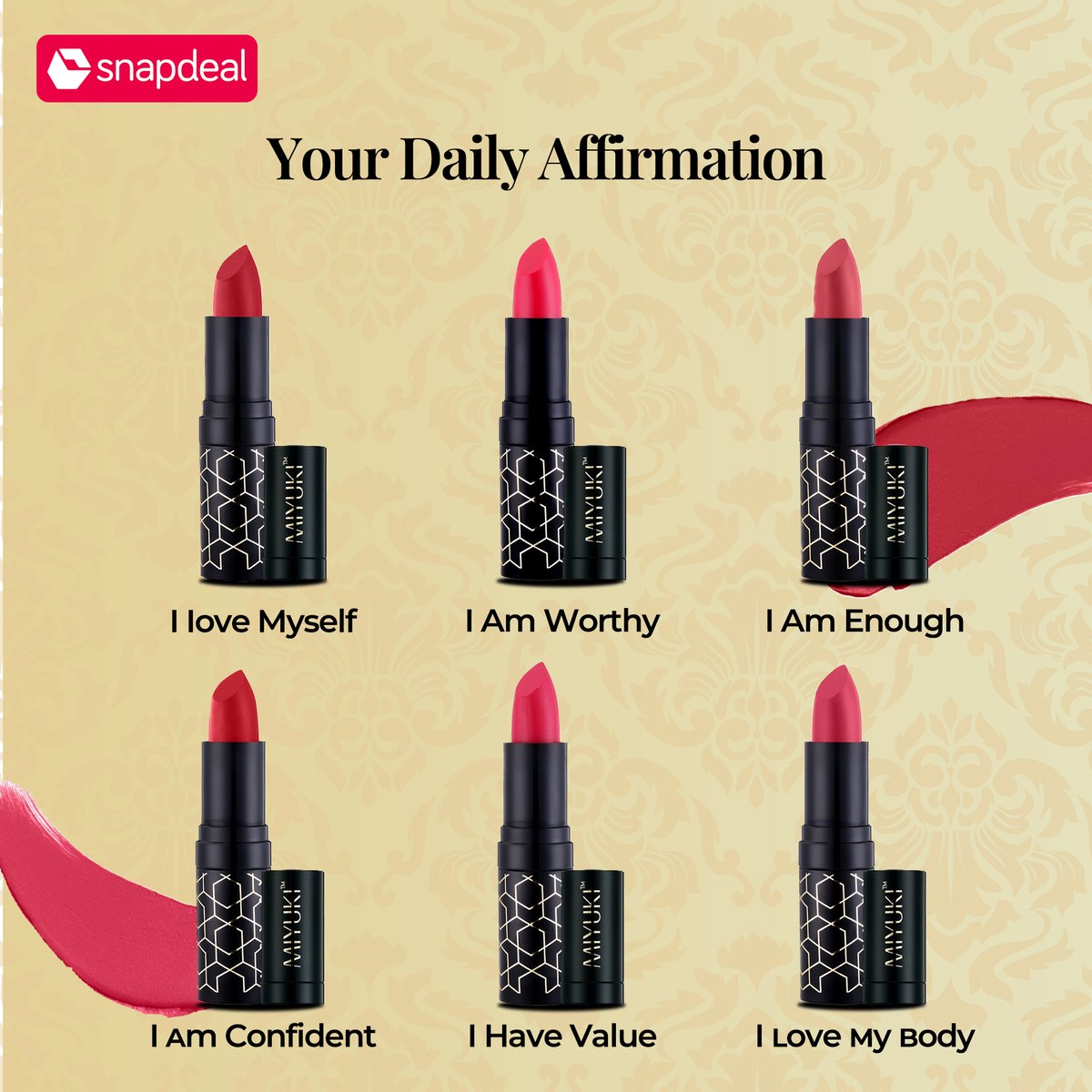 snapdeal's tweet photo. What is your affirmation for the day? Let us know in the comments below.
#Snapdeal #Deals #Miyuki #Lipsticks #Shades #Choice #Affirmation #SelectOne #LoveForShades #ShopNow #OnlyShopOnSnapdeal https://t.co/IAUkrhhgDK