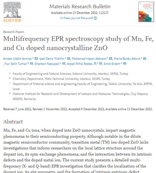 Just published in Materials Research Bulletin! Long lasting research on nanosized ZnO defects resulted with this paper. Enjoy reading it. Great team work; Sabanci Team: Ameen &amp; Ipek  &amp; Hasan &amp; <a href="/merveakturkphd/">Merve Buldu-Akturk</a>  
Great collaborators: Selin TURHAN &amp; Shankari Nadupalli &amp; Arpad Rostas