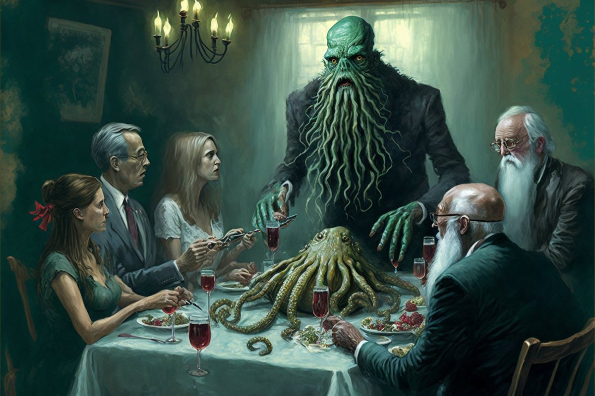 CopperScale's tweet photo. the Christmas Eve dinner at the Lovecraft home.
#TheBeastsofAI  #AIArtBomb
#midjourney #AIart #aiartcommunity  #HPLovecraft  #Cthulhu https://t.co/A5IwRVdsBM