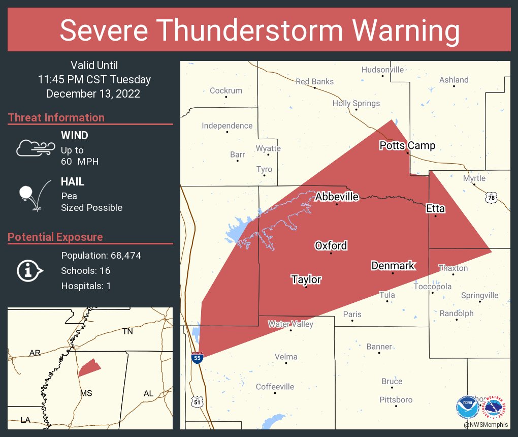 Severe Thunderstorm Warning including Oxford MS, Potts Camp MS and  Abbeville MS until 11:45 PM CST
