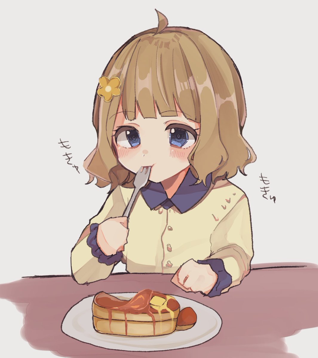 suou momoko 1girl solo blue eyes food fork ahoge hair ornament  illustration images