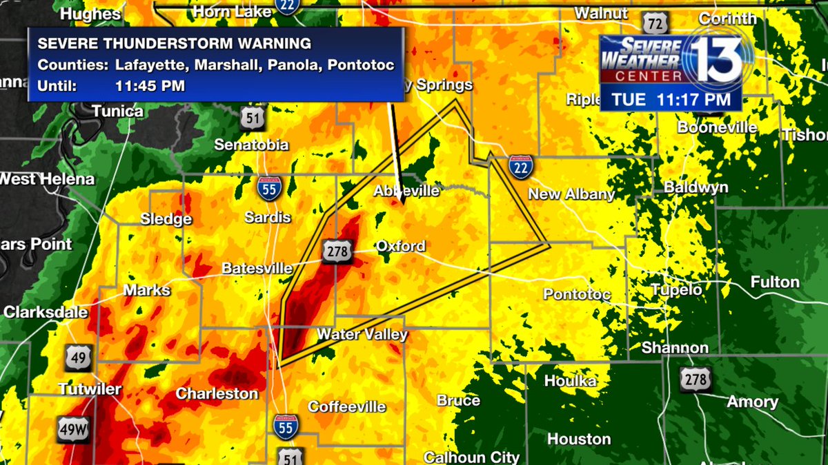 elisabethdamore's tweet photo. Severe Thunderstorm Warning now in effect for Lafayette, Marshall, Panola, Pontotoc, Union, Yalobusha County until Dec 13 11:45PM. Seek shelter inside and away from windows! Track the storms here https://t.co/EyTJdWJZg9 https://t.co/PMa6iHh2ps