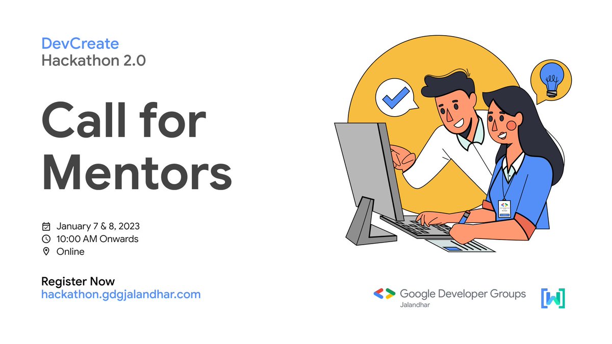 GDGJalandhar's tweet image. After the grand success of DevCreate Hackathon happened in Sept, with 400+ folks joining us.

#DevCreateHackathon 2.0 is set to happen on Jan 7th &amp;amp; 8th.

Inviting Mentors to guide the budding developers and help them build greater product.

🔗 forms.gle/TDHfqcuXPavmDr…

#DevCreate