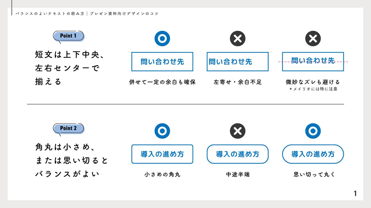 presen_design's tweet image. 【 再掲 】バランスのよいテキストの囲み方|プレゼン資料向けデザインのコツ