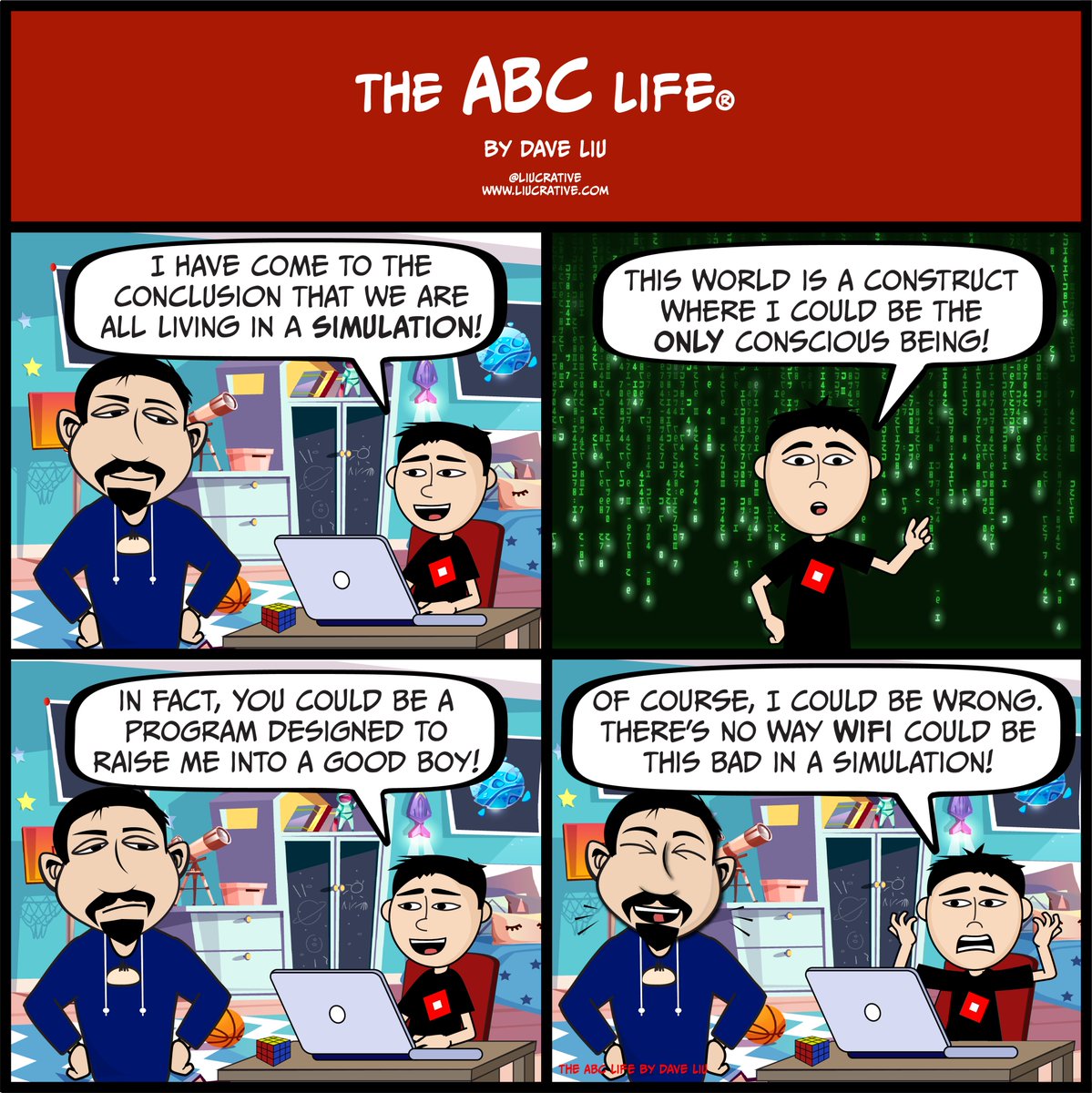 liucrative's tweet photo. How your kid decides if we are living in a simulation...
#matrix #simulation #TheABCLife #AmericanBornChinese #family #comics #cartoons #cartoonart #drawing #parenthood #family #parenting #parentingtips #webcomics #artwork #artist #artoftheday https://t.co/74xzwRbXW8