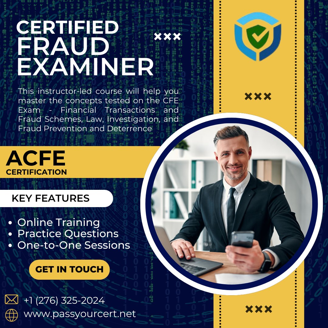 pass_yourcert's tweet photo. We will help you master the concepts tested on the #CFE Exam #FinancialTransactions and #FraudSchemes, #Law, #Investigation, and #FraudPrevention and Deterrence. At Pass Your Cert, you will get #onlinetraining from professional trainers with an experience of more than 12 years. https://t.co/5v2HrmqCKi