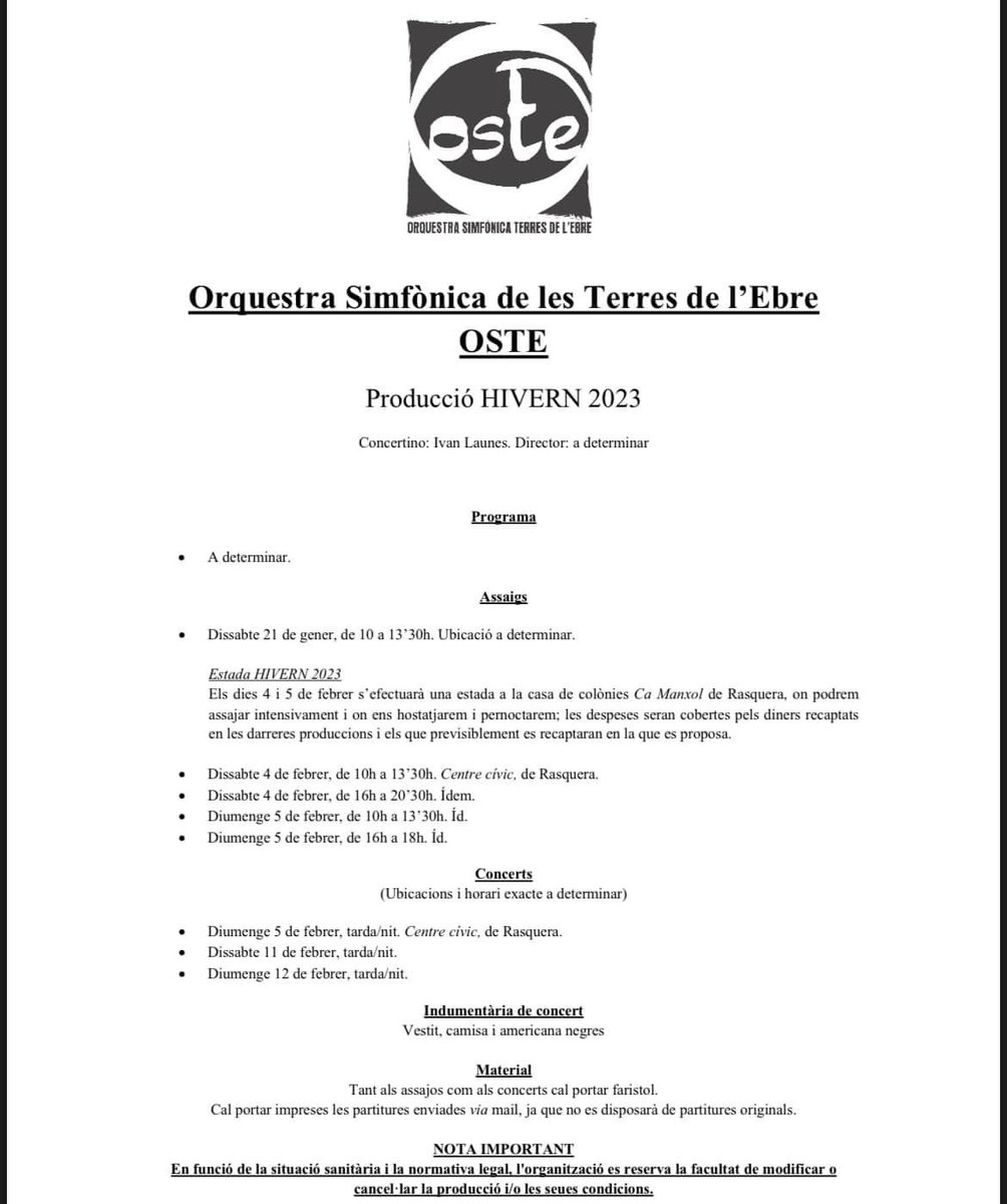 Últims dies d’inscripcions! Amb Alfons Guiu de director convidat😃