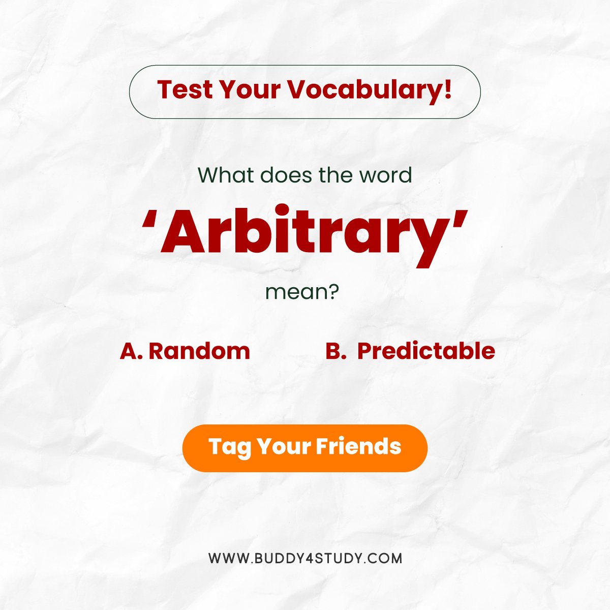 Buddy4Study's tweet photo. Attention all vocab nerds! Let us exercise our vocab skills and figure out what ‘Arbitrary’ means! Drop your answers in the comment section.
#Vocabulary #VocabNerd #WordGeek #BrainTrain #Learn #Play #Vocabulary #English #Buddy4Study https://t.co/6gqj13IRrH
