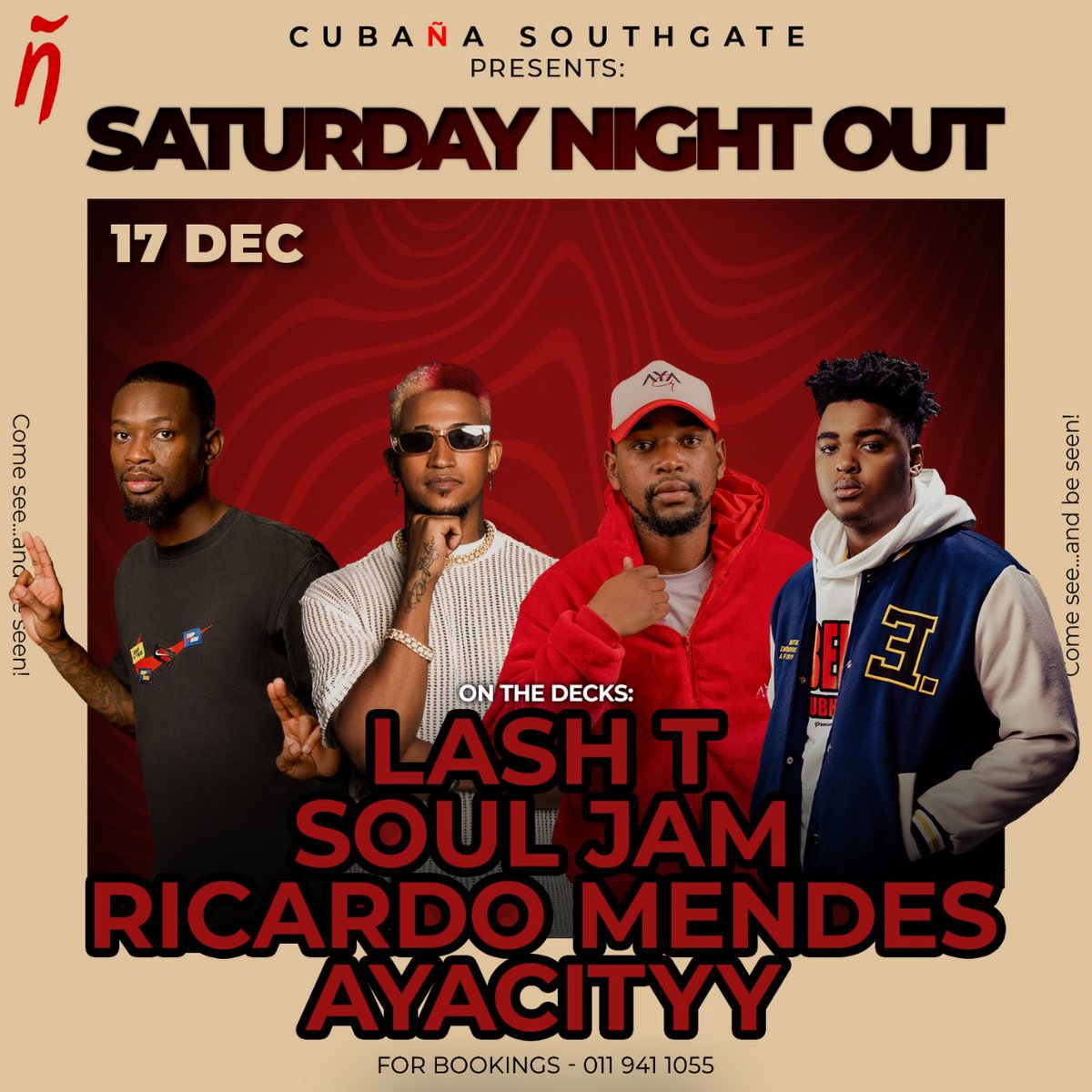 We’ve got a jam packed line-up planned for you this #SaturdayNightOut with DJ Lash T Soul Jam, Ricardo Mendes and Ayacityy on the decks 🎶🎚️

We also have some incredible drinks specials and birthday packages available. Just call us on 011 941 1055 for more details and to book.