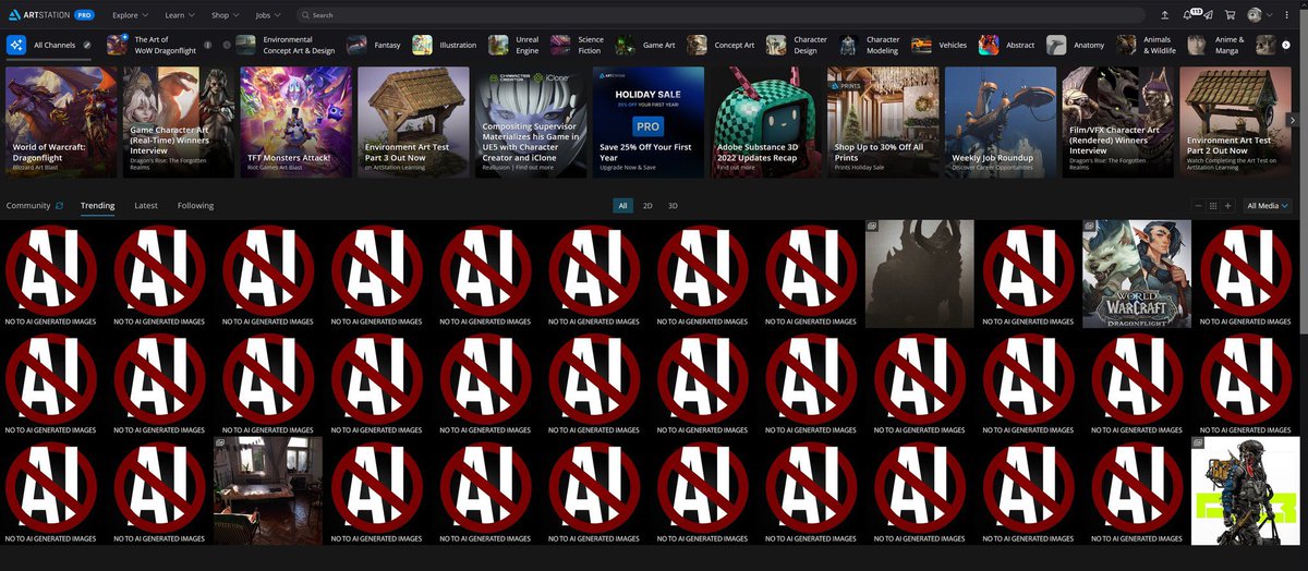 Hey <a href="/ArtStationHQ/">ArtStation.com</a> we absolutely need a way to filter the site so art directors and clients can more easily find art by people vs ai generated work. You’ve been too quiet on this issue, time to update the site!