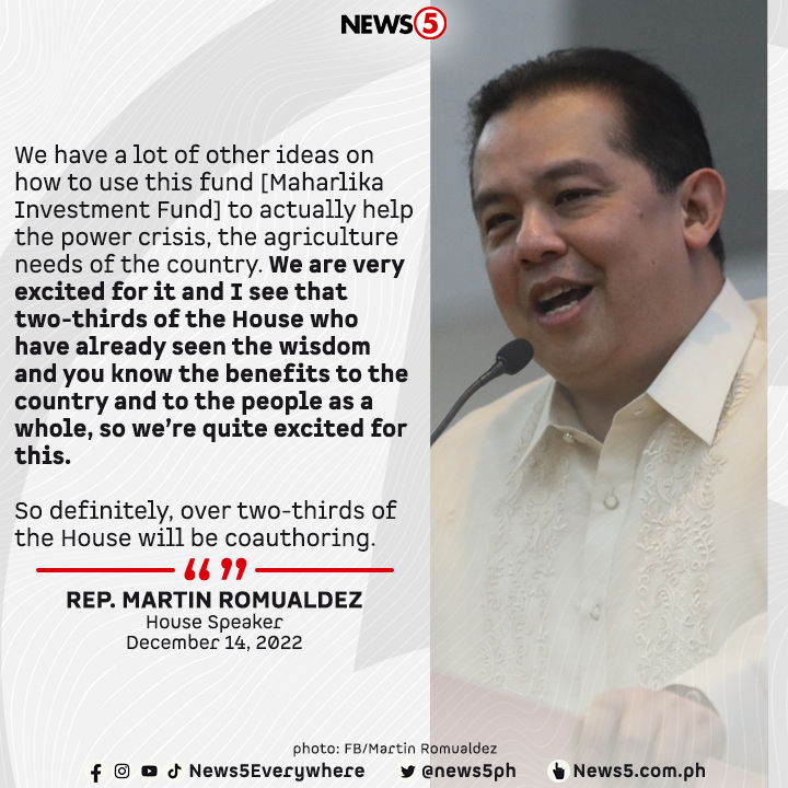 News5PH's tweet photo. Excited aniya sa Maharlika Investment Fund bill ang two-thirds ng mga kinatawan sa Kamara at inaasahang kabilang sila sa mga mag-aakda ng naturang panukala, ayon kay House Speaker Martin Romualdez sa panayam sa kaniya sa Brussels, Belgium. #News5 https://t.co/UhIgVdScvd