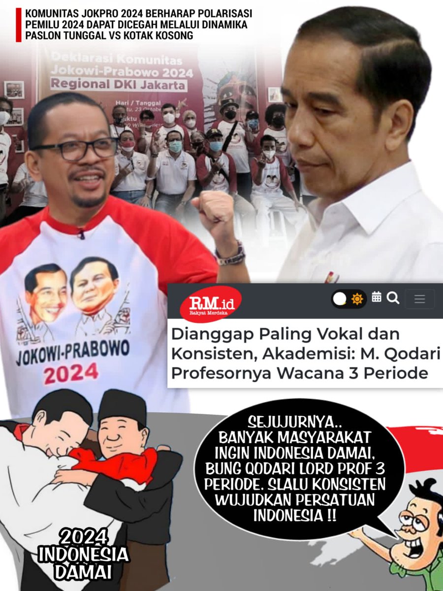 Komunitas Jokpro 2024 berharap polarisasi pemilu 2024 dapat dicegah melalui dinamika paslon tinggal vs kotak kosong
#Profesor3Periode
Qodari Jokpro 2024