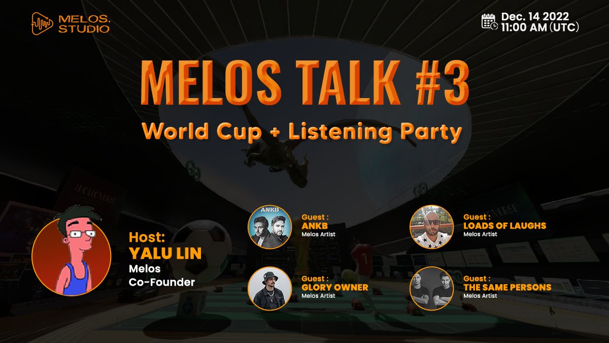 We are thrilled to host #MelosTalk for <a href="/melos_studio/">Melos Studio</a> in #GoSpace Metaverse🏟️

🗓14th Dec
⏰11 AM UTC
📍go-space.io

Let's tune in the Stadium today with Melos Co-Founder <a href="/yalulin/">yalulin 🍒</a> and 4 Melos Artists for a listening party and brainstorming discussion on #FIFAWorldCup