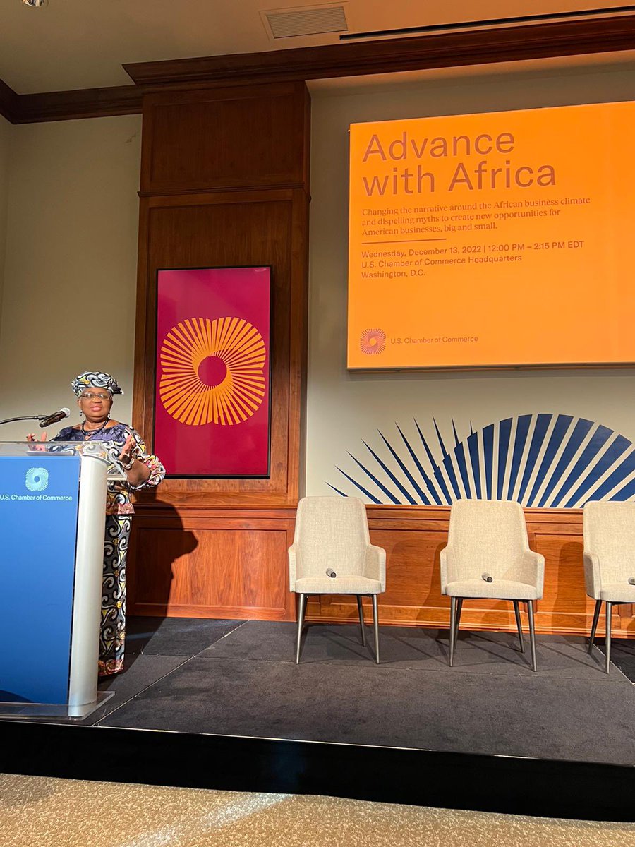 NOIweala's tweet photo. On the sidelines of the Biden-Africa summit at the USA Chamber of Commerce speaking on Changing the Narrative on Africa to attract investment &amp; on trade &amp; @wto as instruments of inclusion for MSMEs. W/ Scott Eisner, Myron Brilliant &amp; Africa Digital Innovation Competition winners. https://t.co/NWpoHa09ch