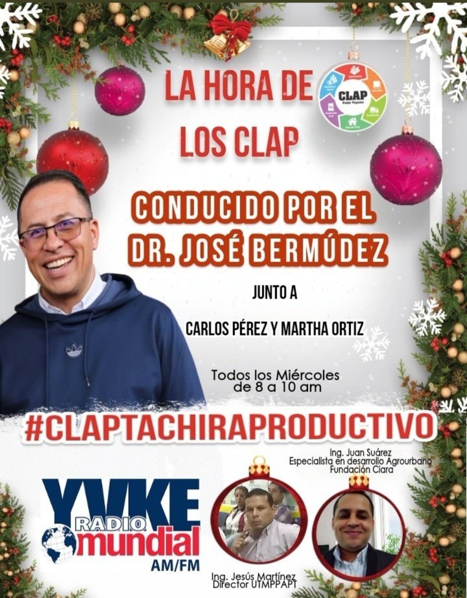 Hoy #14dicembre los esperemos a las 8am por la 94.5 FM <a href="/YvkeTachira/">Yvke Tachira</a> en "La Hora de los Clap" tendremos al Ing. <a href="/JMartinez0618/">JotaMartinez</a> Director de <a href="/UEMPPATachira/">UTMPPAPT Táchira</a> y al Ing. <a href="/JuansuarezR_/">Juan Suárez</a> Especialista Agrourbano de <a href="/CiaraTachira/">Ciara Táchira</a> 
#ClapTachiraProductivo 
<a href="/FreddyBernal/">Freddy Bernal</a>
#SoyComunicadorClap