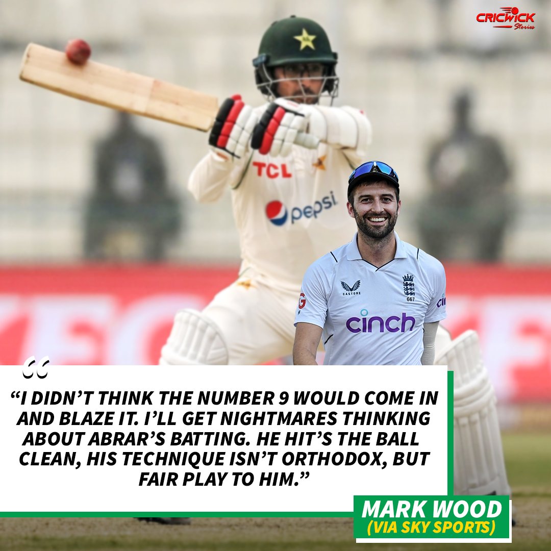 StoriesCW's tweet photo. Abrar's batting will give me nightmares🤣
- Mark Wood wasn't expecting the debutant to come out all guns blazing against him😃
#CricWickStories #MarkWood #Pakistan #PAKvENG #engvsPAK2022 #PakvsEng2022 #CricketTwitter https://t.co/QrJX7TDhZI