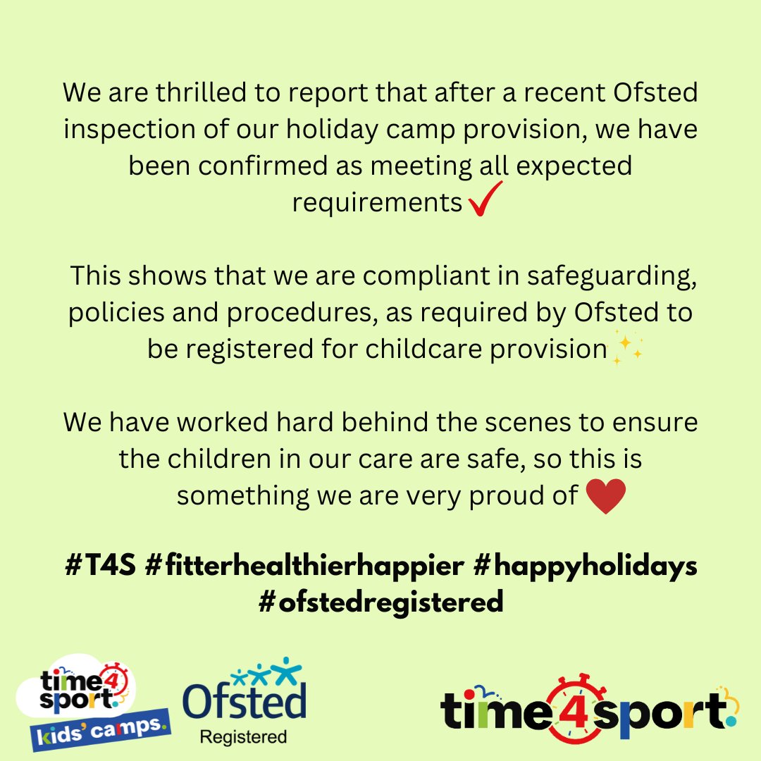 We are thrilled to report that after a recent Ofsted inspection of our holiday camp provision, we have been confirmed as meeting all expected requirements✔️

#T4S #fitterhealthierhappier #happyholidays #ofstedregistered