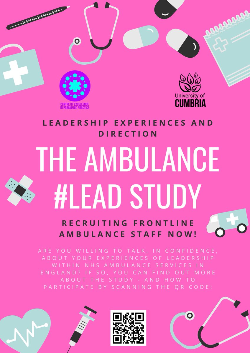 We are still recruiting to the University of Cumbria's ambulance #LEAD study! Use the QR code to find out more, or simply click on this link: cumbria.onlinesurveys.ac.uk/ambulance-lead…