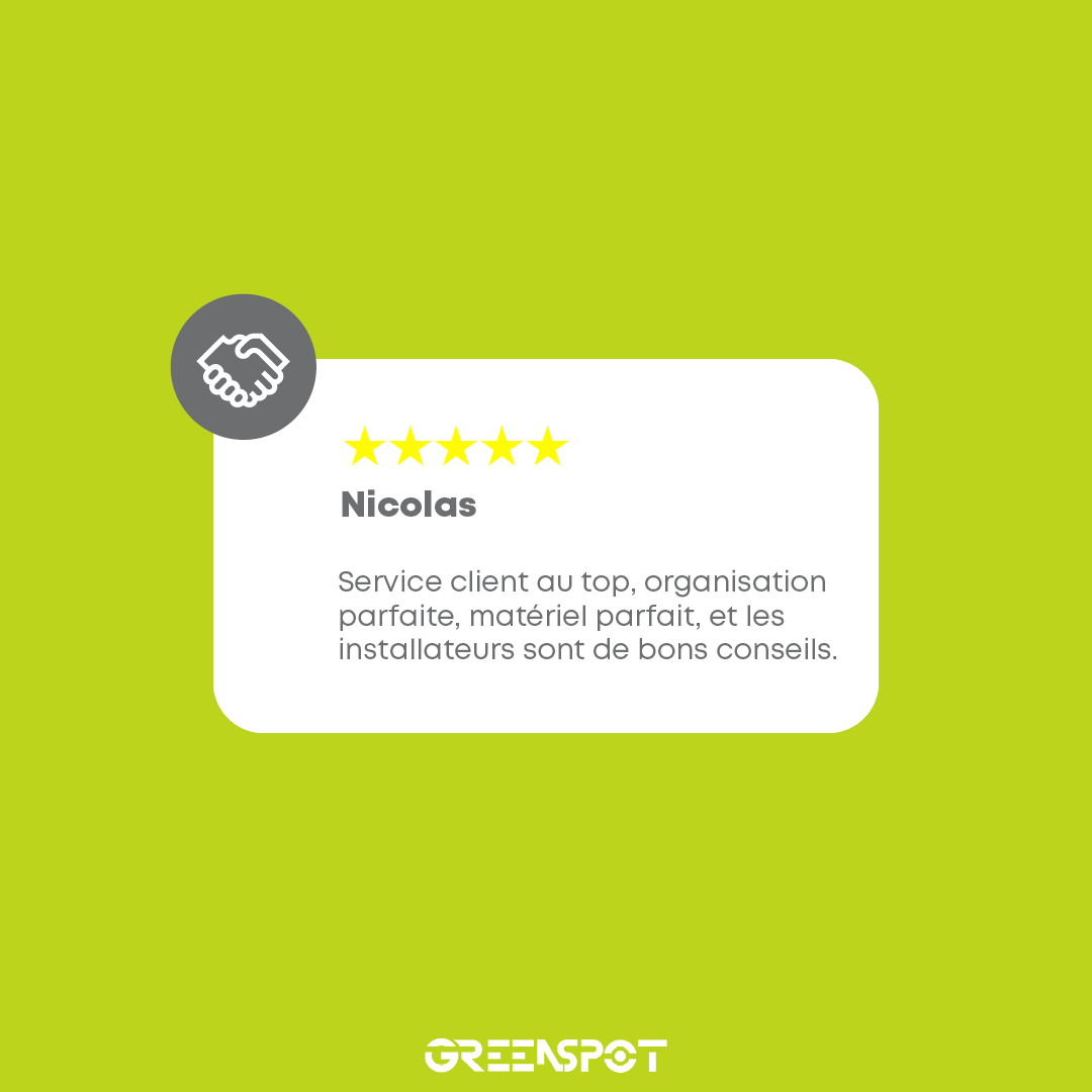 Faites comme Nicolas, laissez-nous un super avis une fois votre #BorneDeRecharge installée ! ⚡️

Votre avis nous permet d'améliorer notre service pour vous satisfaire au mieux. 
C'est pourquoi, chez Greenspot, on fait attention à tous les avis que vous nous laissez.