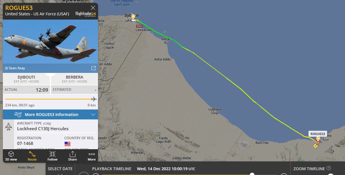 Laurent_Le_Bloa's tweet photo. USAF C130 #ROGUE52 returned to #Djibouti and conducted immediatly a second mission to #Berbera #Somaliland as #ROGUE53 https://t.co/LzoSyKf9ic