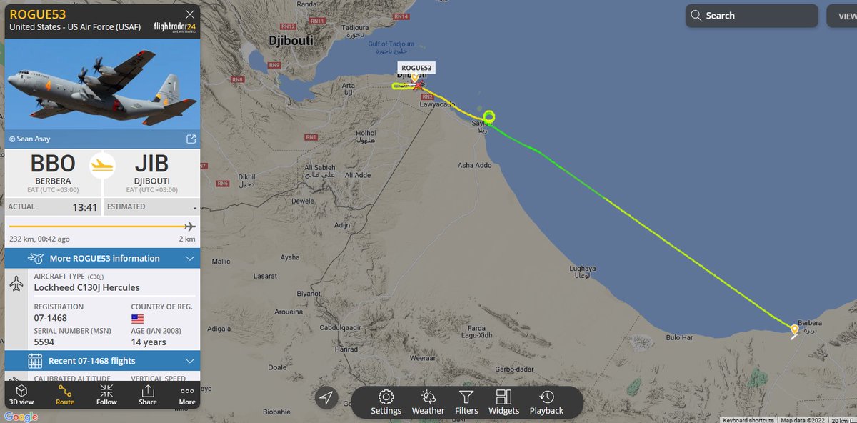 Laurent_Le_Bloa's tweet photo. USAF C130 #ROGUE52 returned to #Djibouti and conducted immediatly a second mission to #Berbera #Somaliland as #ROGUE53 https://t.co/LzoSyKf9ic