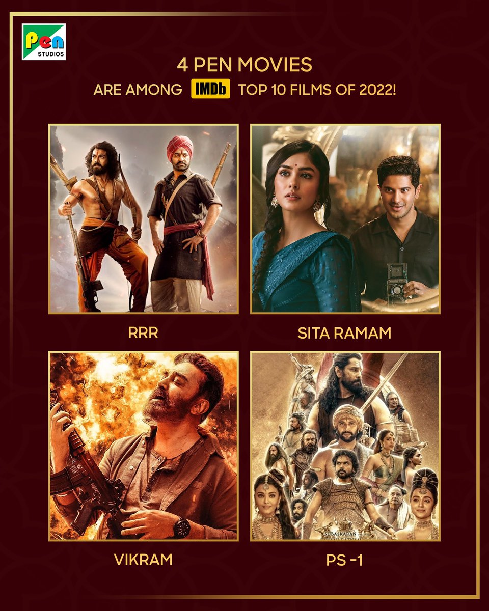 PenMovies's tweet photo. 2022 was truly a hap-PENing year for us...
Pen Studios is proud to share that we've not only conquered the box office and IMDb charts but also ruled over the hearts of film buffs and critics across the world!
🔥
#rrr #sitaramam #vikram #ps1 #penstudios #imdb #imdbtop10 #bollywood https://t.co/XRxVWzZH4E