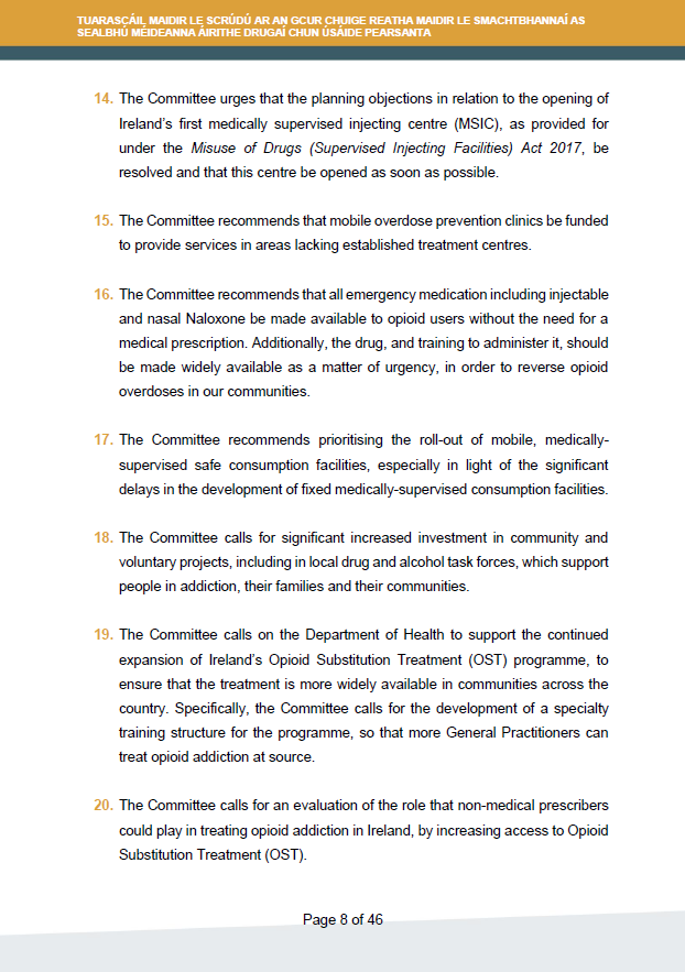 Costellop's tweet photo. The Report on the Present Approach to Sanctions for Possession of Certain Amounts of Drugs for Personal Use has some very progressive recommendations, I have attached the four recommendations pages below.

Full report available here: https://t.co/DpaG5BfYW9 https://t.co/Ae09Sk2wgc