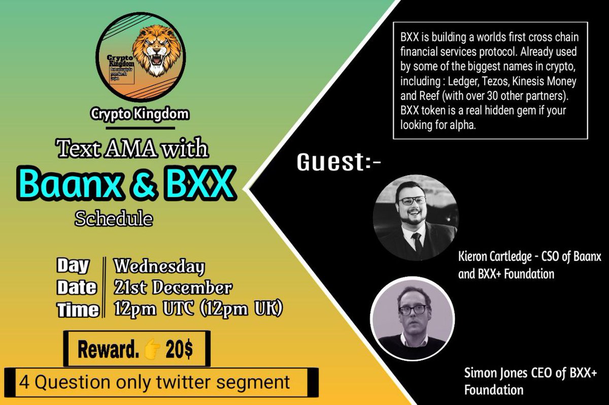 AMA with  #baanx &amp; #bxx

Prize: 20$ only twitter segment 
Date: 21st December,2022
Time: 12:00 pm UTC
Venue: t.me/Crypto_Kingdom…

Rules:
1. Follow 
<a href="/Cryptokingdoms5/">Crypto kingdoms</a> &amp; <a href="/Baanx_BXX/">Baanx Investment</a>

2. Like Retweet &amp; Comment Your Questions - Tag 3 friends.